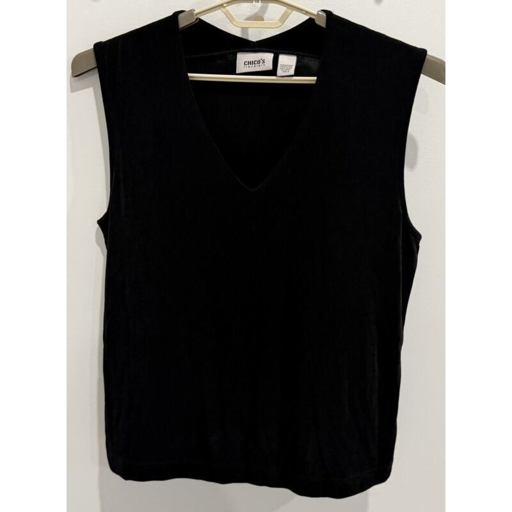 Chicos Travelers Sleeveless Slinky V Neck Solid Black Shirt Tank Size 3 XL